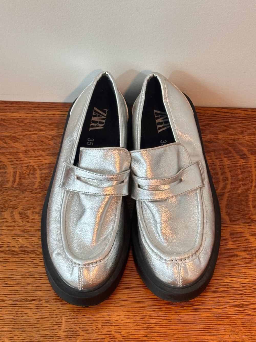 Zara Kid’s Metallic Silver Penny Loafers with Black Sole